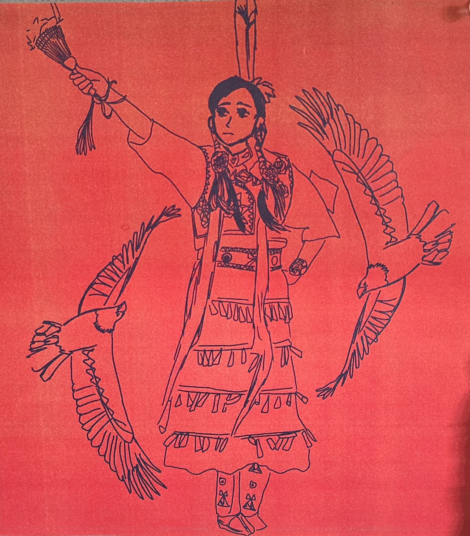 A drawing of a person with birds

Description automatically generated