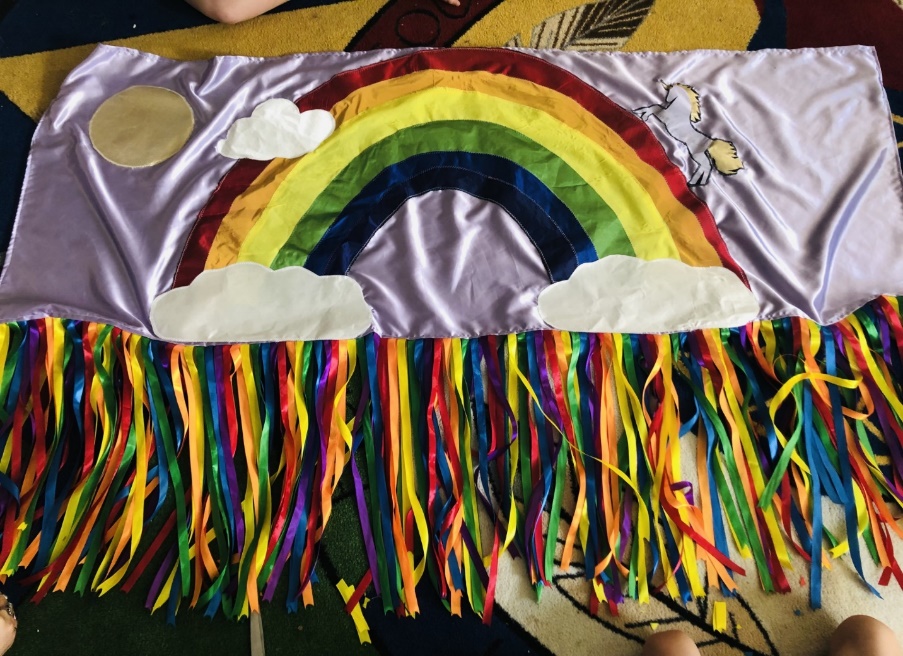 A rainbow flag with fringes

Description automatically generated