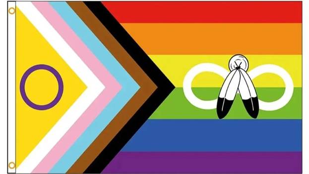 A rainbow flag with feathers and a ring

AI-generated content may be incorrect.