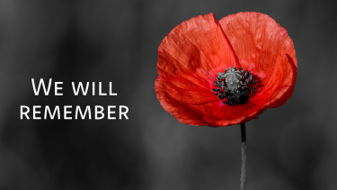 We will remember. Red poppy on grey background with white text that says we will remember