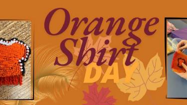 Orange background with fall leaves with two photos of beaded orange shirts in the foreground