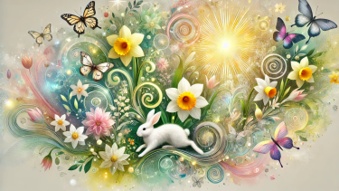 A white rabbit leaping through a whimsical field of daffodils, crocuses and other spring flowers as well as butterflies.