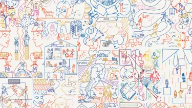 A colored pen line drawing depicting people, events and activities related to human rights